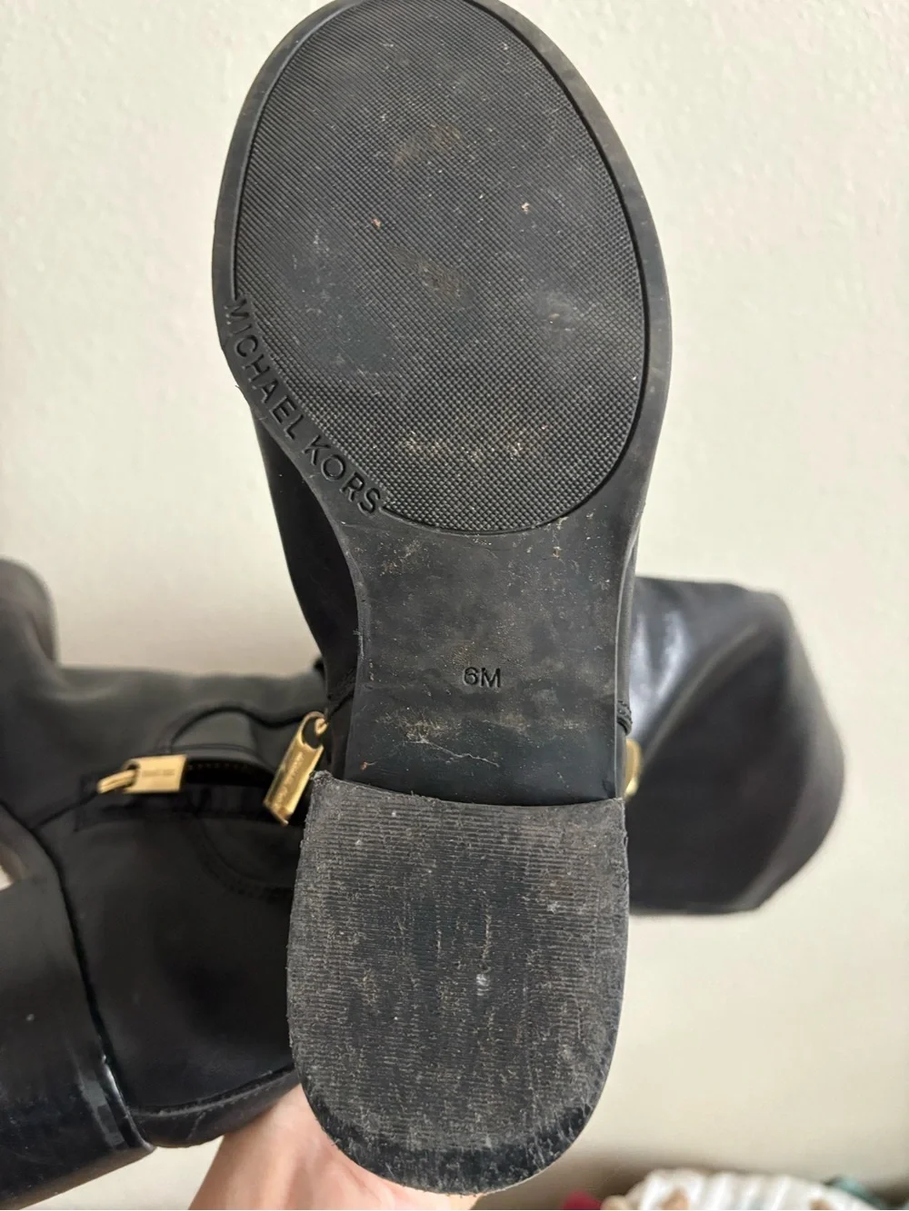 Michael Kors Black Leather Tall Boots with Gold MK Lock